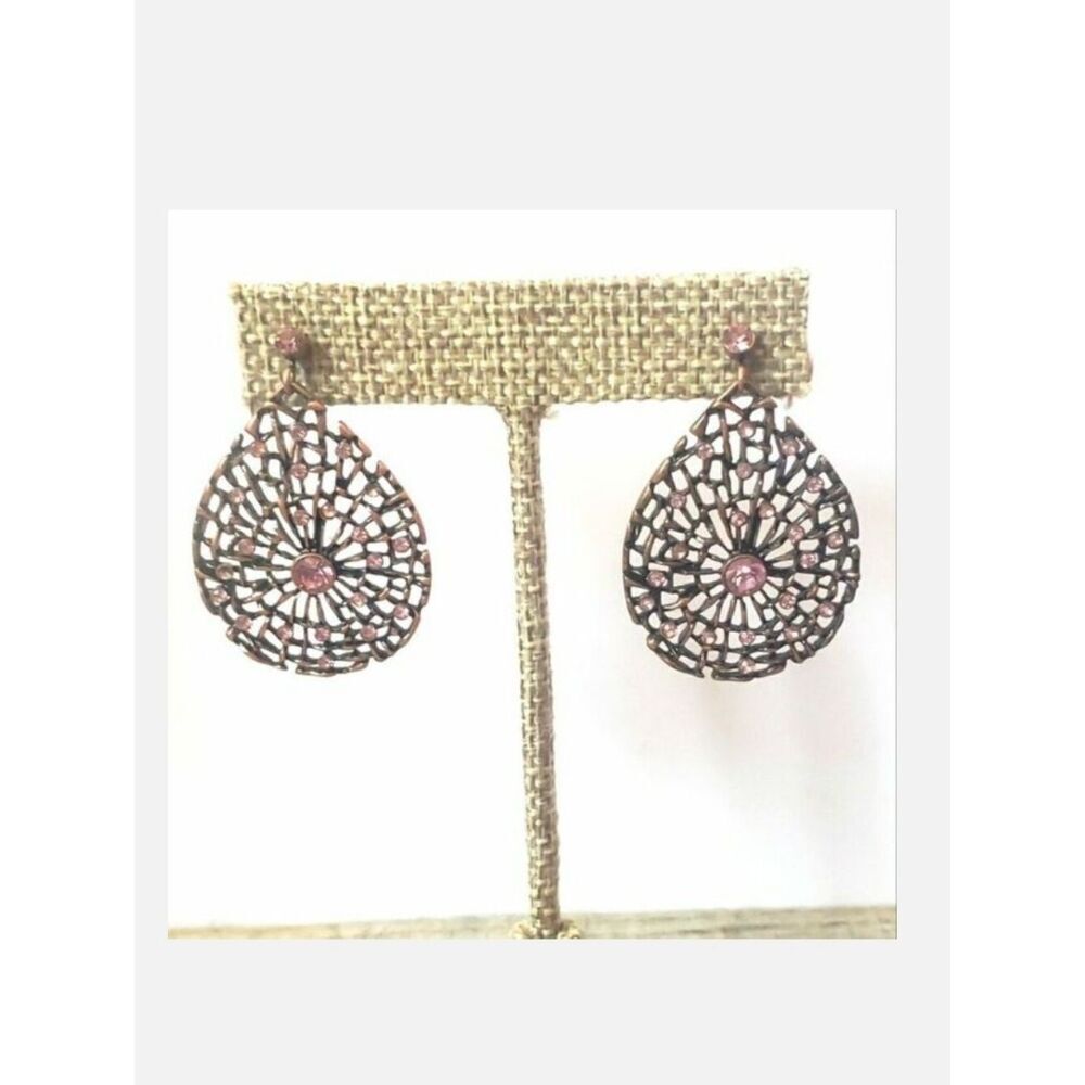 1928 French Hook Teardrop Filigree Earrings Web Design Pink & Copper